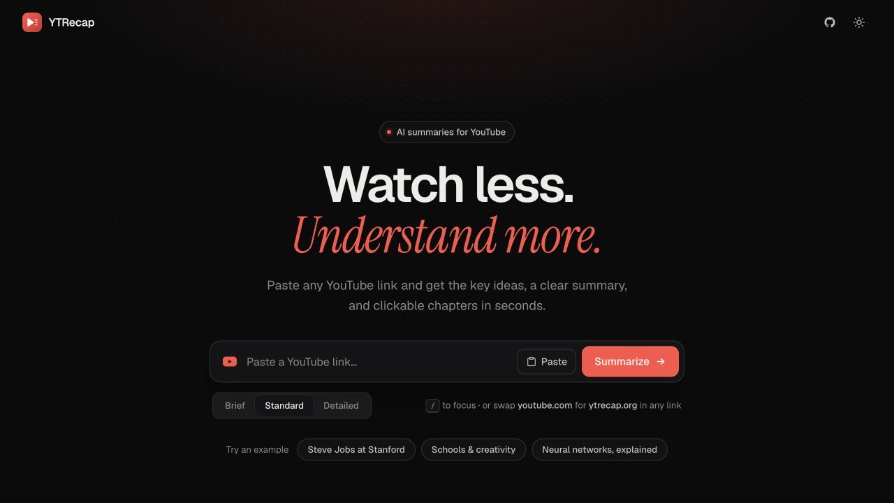YTRecap landing page: Watch less. Understand more.